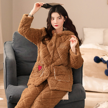 Coral Suede Pajamas Woman Autumn Winter Triple thickened clip cotton padded jacket with velvety warm winter style Flannel Suede Suit Suit