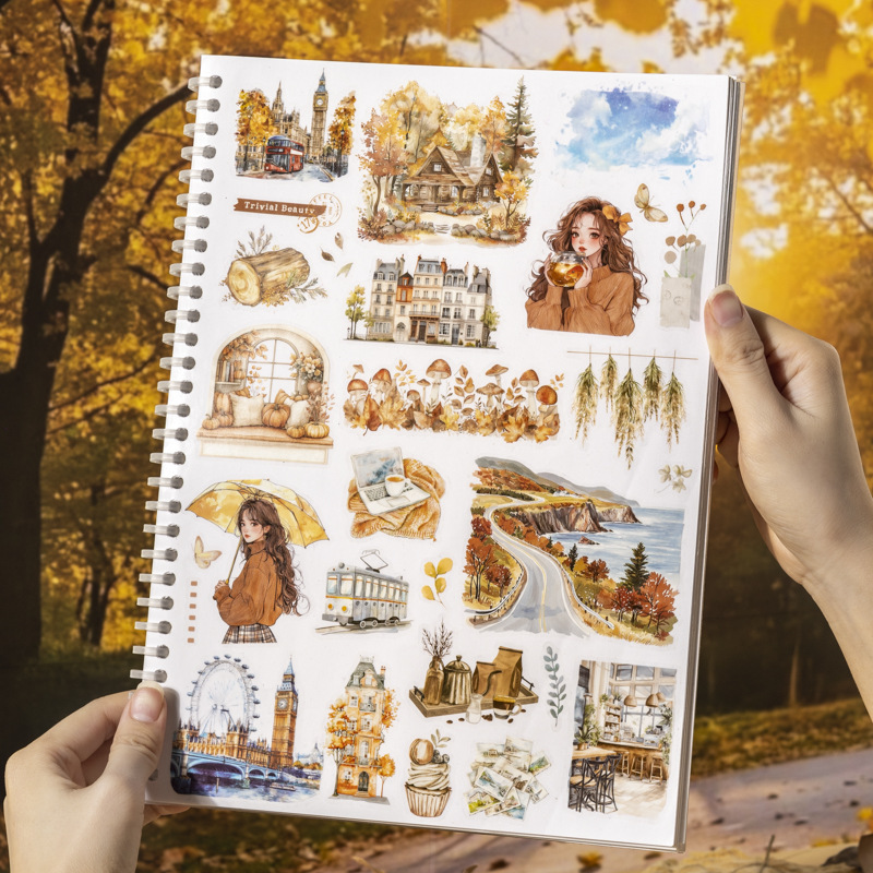 Autumn Invitation Series Large Size Die-Cut Sticker Book ins Landscape and Scenery Patterns for Journal Decoration and Collage Art