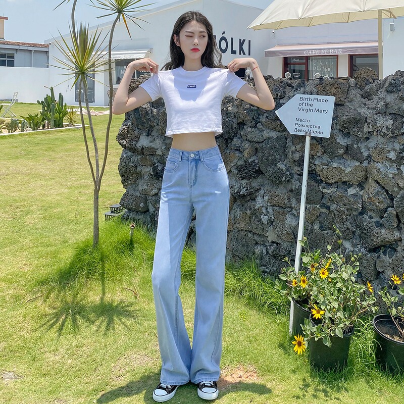Wide-Leg Jeans for Women, Cropped, High-Waisted, Loose, Slimming, New Spring/Summer Style, Light Blue, Floor-Length Straight Pants, Hyuna Style Wide-Leg Jeans for Women, Cropped, High-Waisted, Loose, Slimming, New Spring/Summer Style, Light Blue, Floor-Length Straight Pants, Hyuna Style