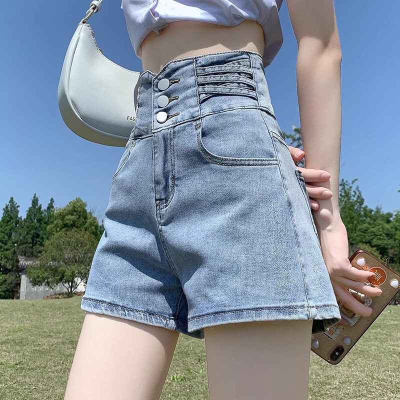 Women's High-Waisted Denim Shorts for Spring and Summer, Versatile, Hip-Lifting, Loose-Fitting, Tummy-Tucking, Wide-Leg, Button-Up, A-Line Hot Pants Women's High-Waisted Denim Shorts for Spring and Summer, Versatile, Hip-Lifting, Loose-Fitting, Tummy-Tucking, Wide-Leg, Button-Up, A-Line Hot Pants