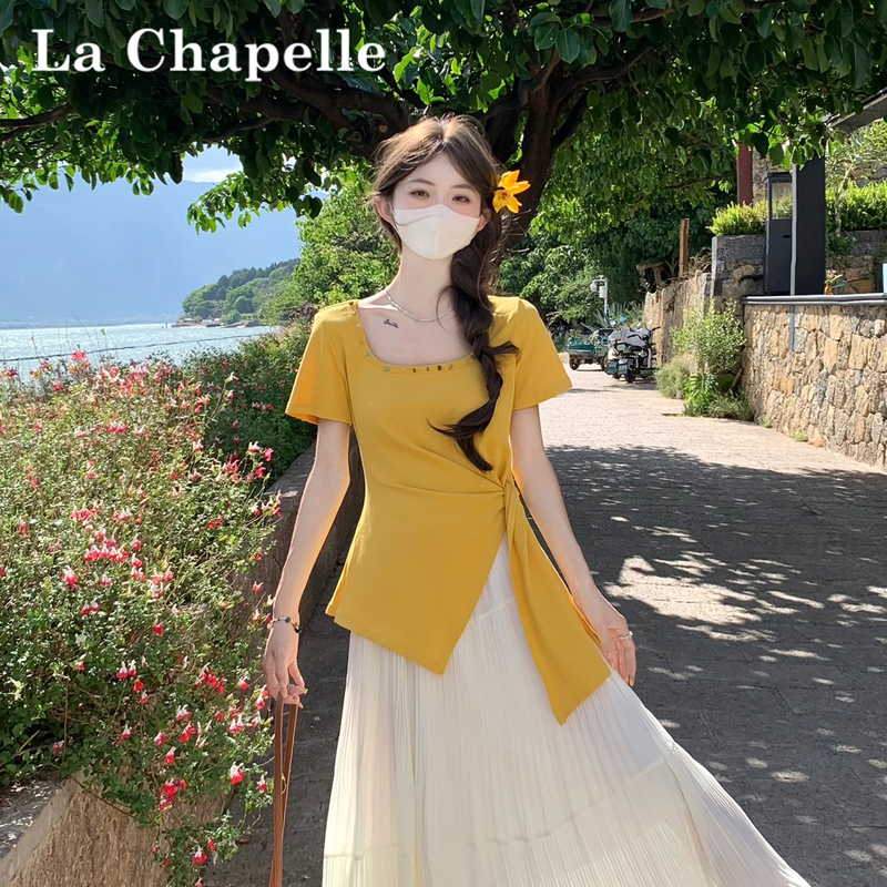 La Chapelle Bright Yellow Irregular Tie Square-Neck T-Shirt for Women, Summer Short-Sleeve Top with Small Colorful Stone Embellishments