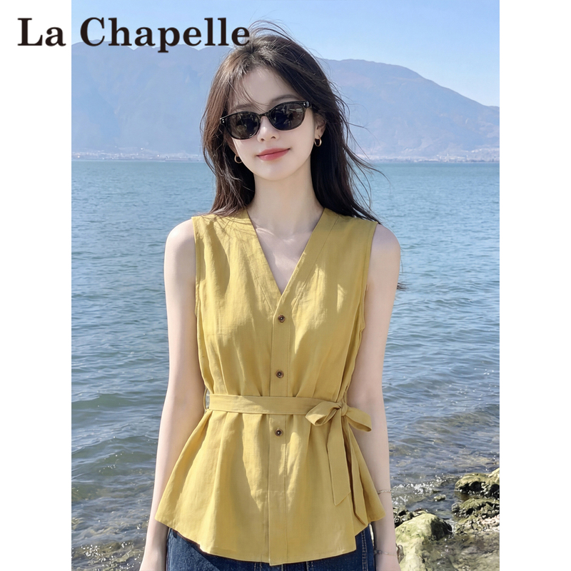 La Chapelle French-Style Beautiful Yellow V-Neck Sleeveless Shirt for Women, Summer Design with Tie Waist Vest