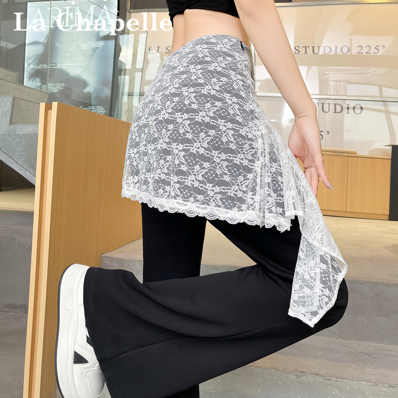 La Chapelle Faux Two-Piece Irregular Lace Flared Pants for Women, Summer High-Waisted Slim-Fit Yoga Bell-Bottom Pants