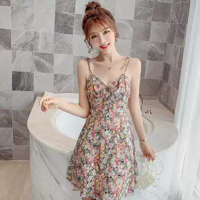 Korean summer new floral dress female high waist French temperament medium and long version sexy V-neck retro sundress
