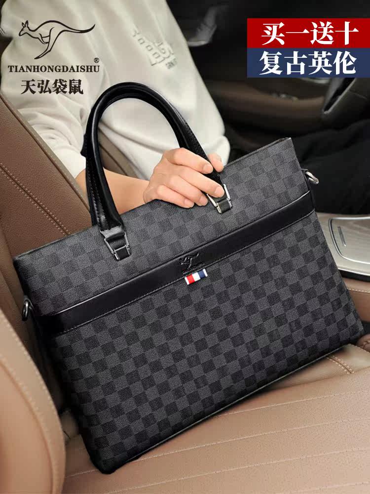 High-end Business Genuine Leather Kangaroo Men's Briefcase Genuine Leather Business Handbag Luxury Brands Chessboard
