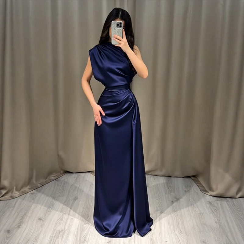 2026 Amazon Independent Website New Satin Round-Neck Dress with Waist-Cinching Pleats, Long Elegant Gown 2026 Amazon Independent Website New Satin Round-Neck Dress with Waist-Cinching Pleats, Long Elegant Gown