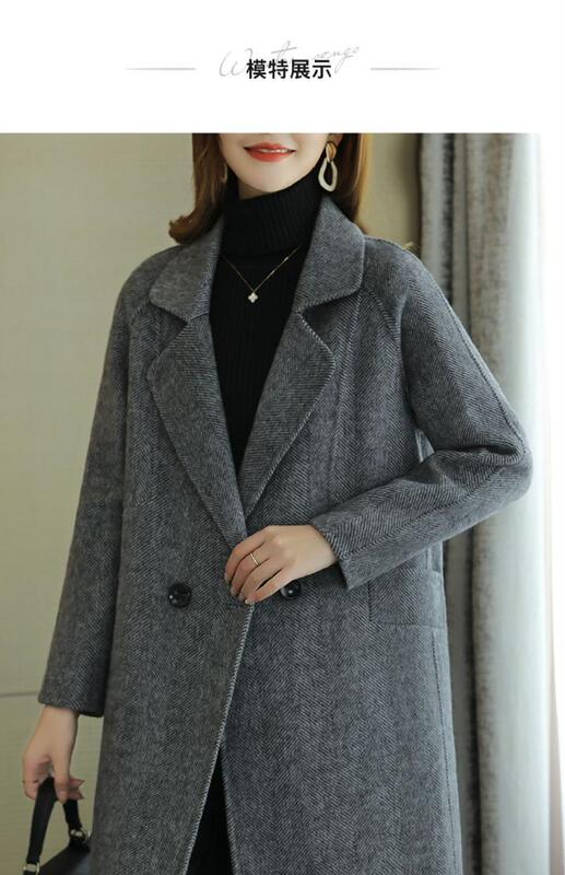 2025 Herringbone Pattern Coat for Women, New Autumn and Winter Style, Mid-Length Cocoon-Shaped Double-Breasted Small Suit Woolen Coat, Loose Fit