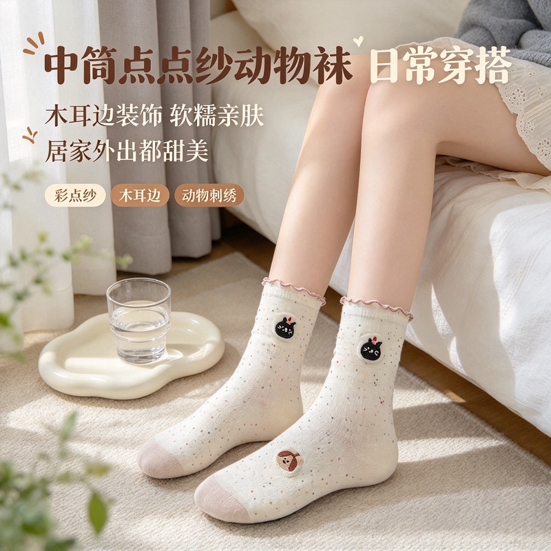Mid-Calf Dotted Animal Socks for Women, Ruffled Edge Socks, Colorful Dotted Yarn Socks, Embroidered Socks, Cute and Versatile, Five Pairs Pack Women's Socks Mid-Calf Dotted Animal Socks for Women, Ruffled Edge Socks, Colorful Dotted Yarn Socks, Embroidered Socks, Cute and Versatile, Five Pairs Pack Women's Socks