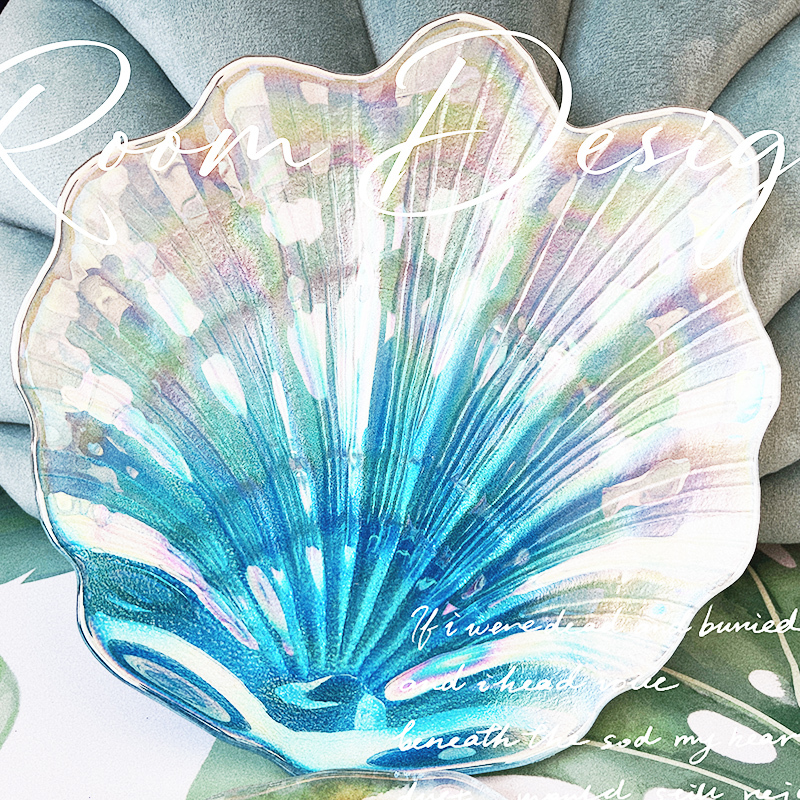 Creative Mermaid Shell Plate, Blue Colorful Nail Art Jewelry Storage Plate, Fruit Snack Candy Decorative Glass Plate Creative Mermaid Shell Plate, Blue Colorful Nail Art Jewelry Storage Plate, Fruit Snack Candy Decorative Glass Plate