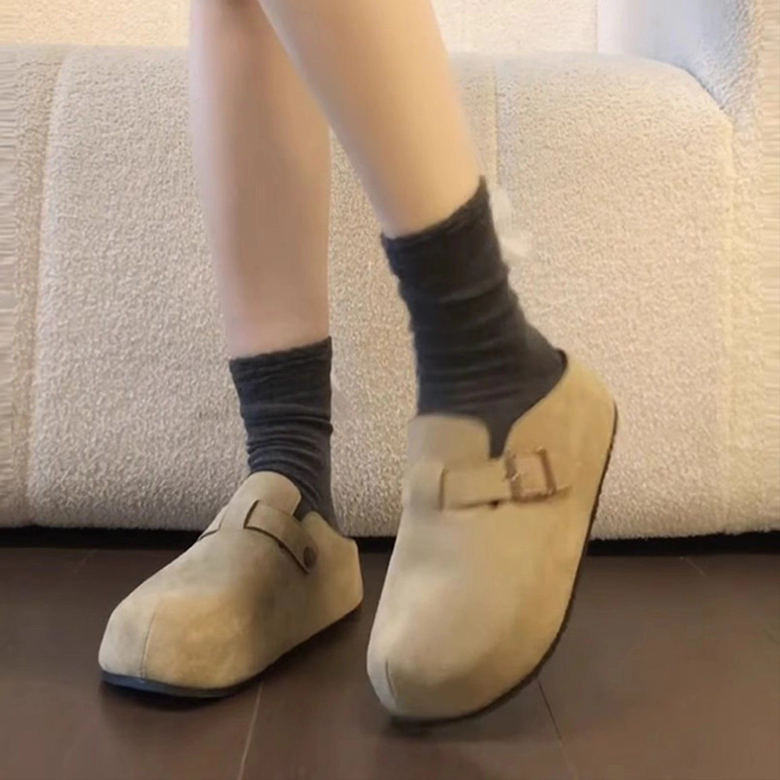 Thick-Soled Height-Increasing Birkenstock Shoes for Women, 2025 New Winter Fleece-Lined Closed-Toe Half-Slippers for Outdoor Wear, Birkenstock Cotton Slippers