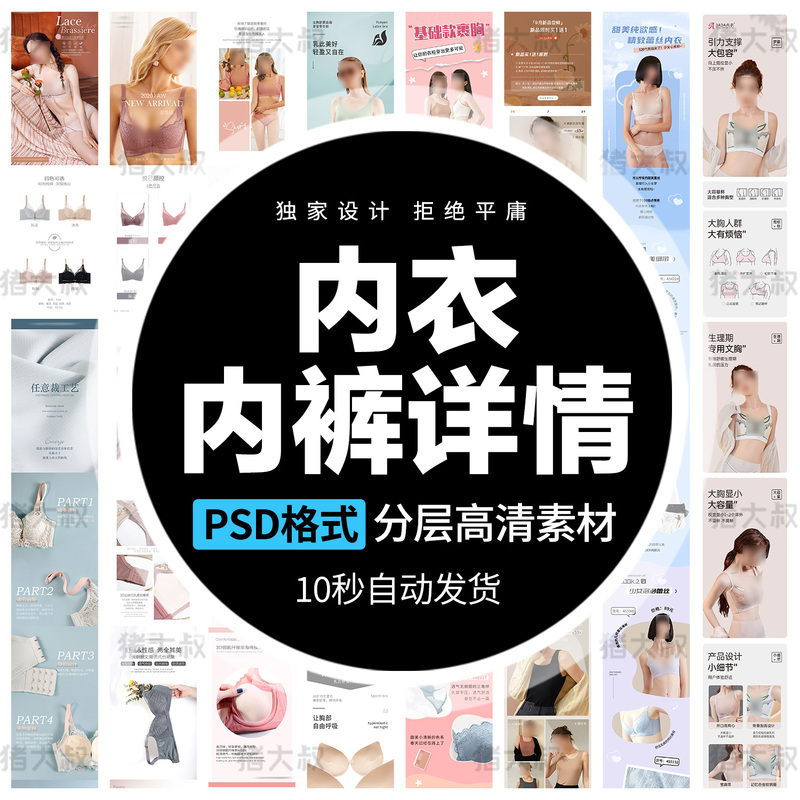 Simple Seamless Underwear for Men and Women, Lace Push-Up Bra, Ice Silk Panties, E-Commerce Product Page Template Psd Material