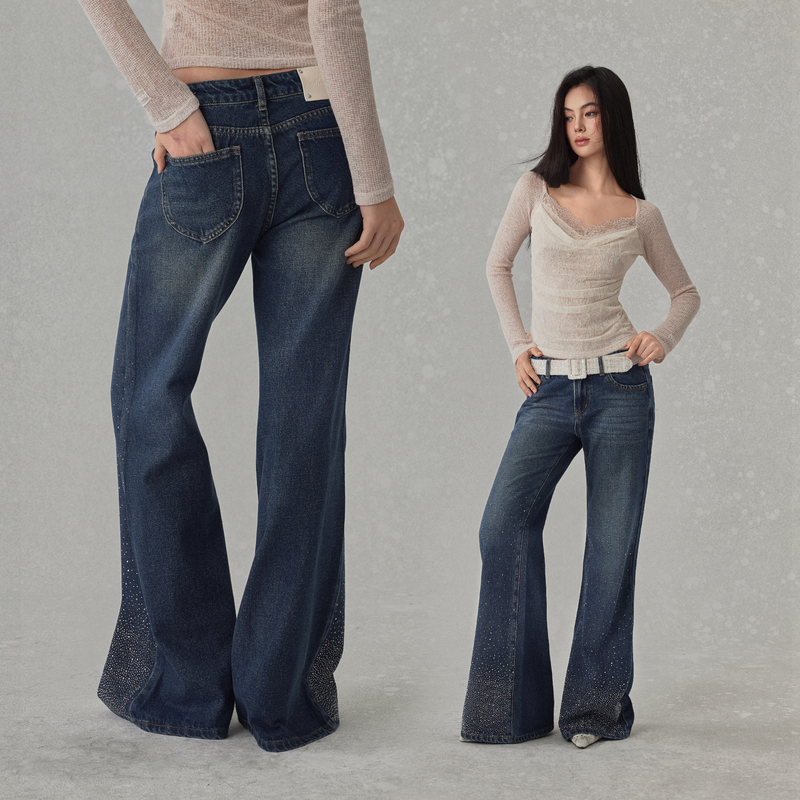 Noncestnon Heavy-Duty Sparkling Rhinestone Vintage Washed Flared Fashion Design Slimming Low-Rise Jeans