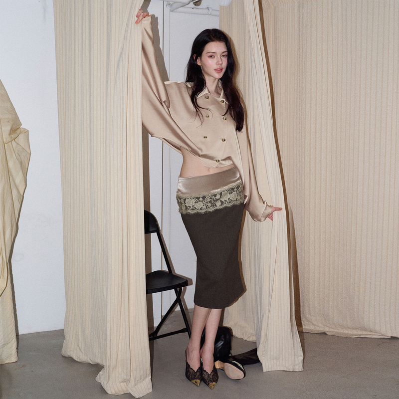 Noncestnon Original Design Lace Patchwork Thin Wool Dark Brown Low-Waist Mid-Length Skirt