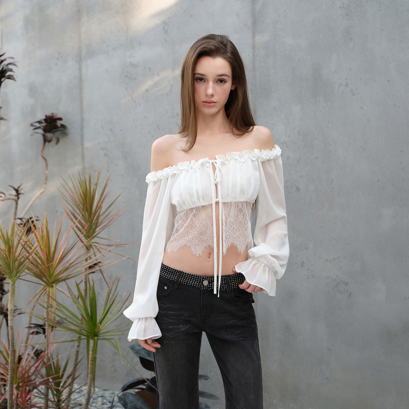 Noncestnon Original Design White Semi-Transparent Vintage-Style Chiffon Lace Long-Sleeved Shirt with One-Shoulder Design