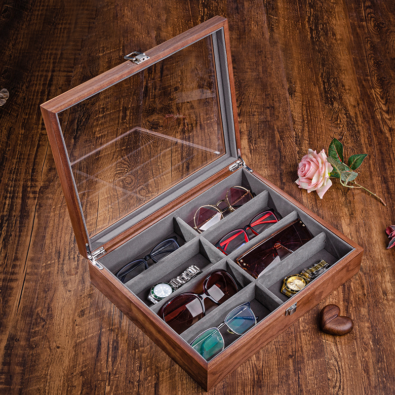 Walnut Wood Glasses Case, High-End, Large Capacity, for Myopia Glasses, Sunglasses, Wristwatches, Jewelry Storage and Display
