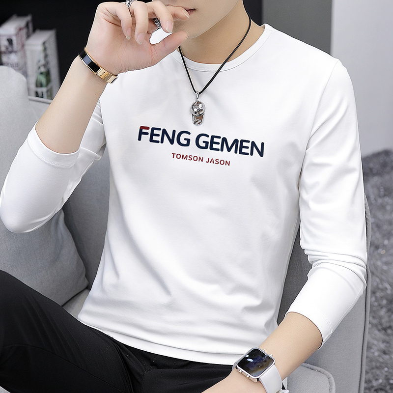 Modale long sleeve T-shirt male 2021 new spring autumn season printed round collar pure cotton sashimi white men's undershirt