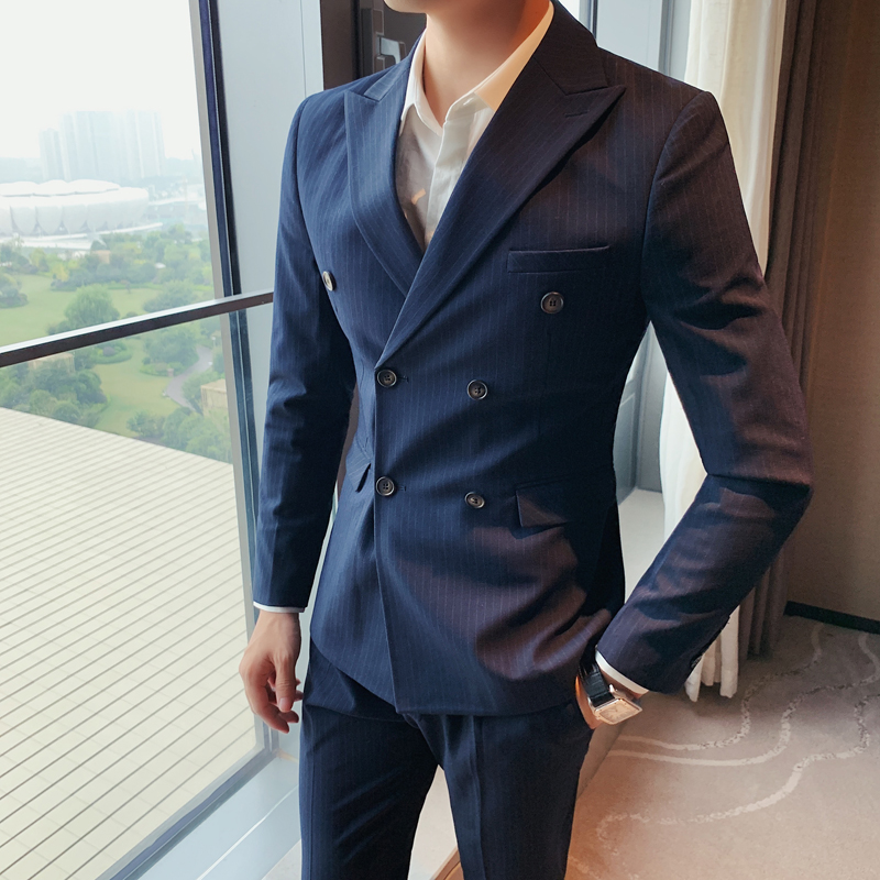 Double Row Buttoned Suit Man Suit Groom Wedding Gown Dressing Up For Casual Inren Wind Vertical Striped Men's West Suit