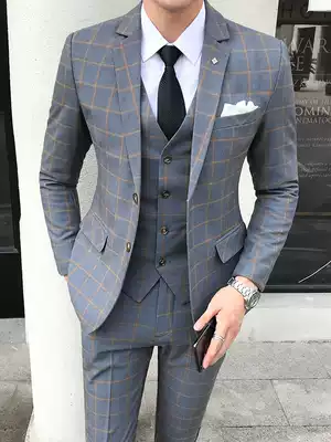 Plaid suit men's suit wedding groom dress spring and autumn slim professional dress casual men's suit jacket