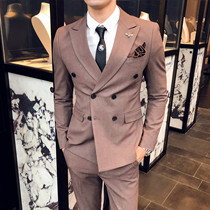 Double-breasted slim business mens suit Mens casual suit suit mens Korean version of the career top youth British style