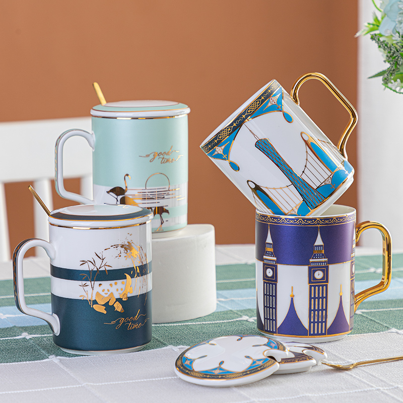 Creative Ceramic Mark Cup with lid spoon Home Personality Lovers Water Cup Large Capacity Tea Cup Female Summer Office Cups