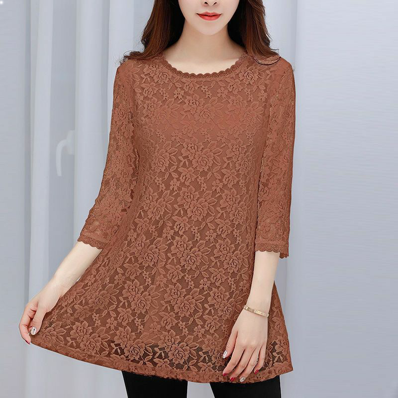 Autumn New Three-Quarter Sleeve Lace Blouse, Mid-Length Top for Women, Loose Plus-Size Belly-Covering Stylish Base Shirt for Mothers Autumn New Three-Quarter Sleeve Lace Blouse, Mid-Length Top for Women, Loose Plus-Size Belly-Covering Stylish Base Shirt for Mothers