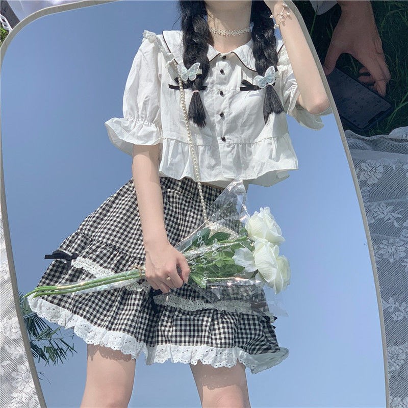 Summer suit female student Korean version loose Western style bow short white shirt cake skirt two-piece set
