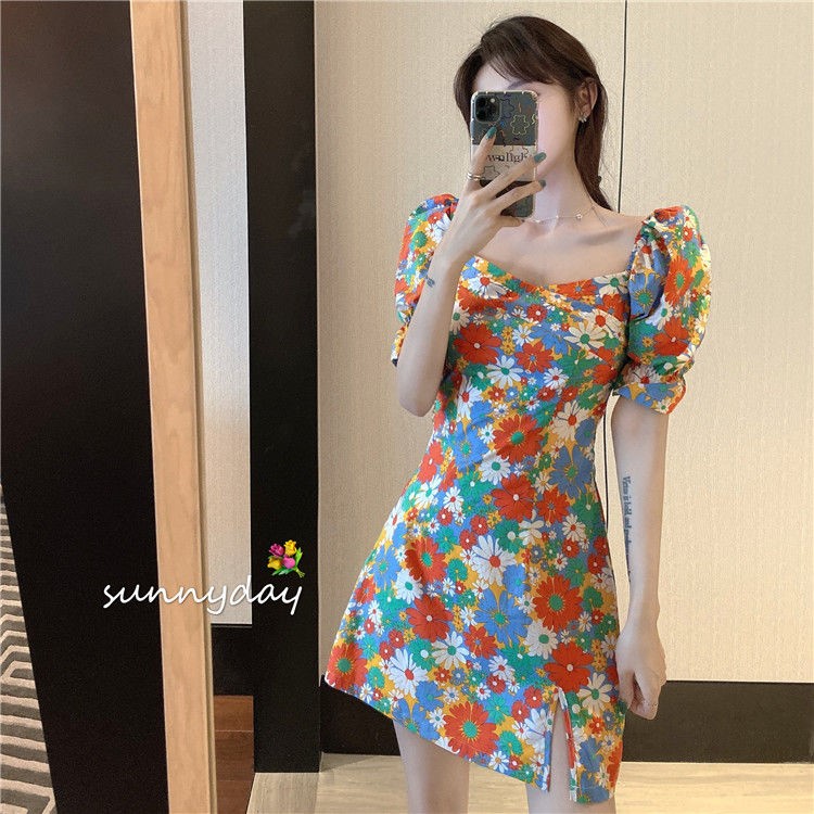 French retro little Daisy floral dress women's summer dress 2021 new waist thin temperament bubble sleeve skirt