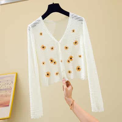 Loose embroidery Short-style jacket thin knit blouse Women's spring and autumn long sleeve hollowed-out cardiovert new 2020 fall sunscreen
