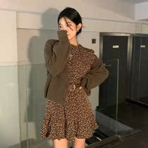 Woman 2020 Flowers Skirt Suit Retro V Collar Double New Fall Tide Two Sets of Set Temperament in Fur Coats