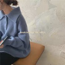 Autumn and winter retro port Wind sweater women Lazy Wind outside wearing headsets Pure color Korean version 100 Lapped Collar Knit Blouse