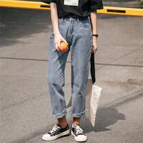 2020 High waist loose student Korean version 100 lap old daddy pants children Slim Pants Woman New Straight Barrel 90% Pants Denim