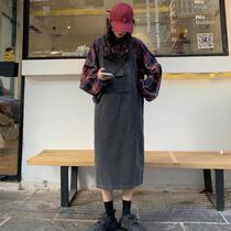 Retro Hong Kong style loose Korean female two-piece foreign style small man strap dress plaid shirt spring and autumn suit