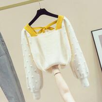 Knitted sweater long sleeve waist outside the spring and autumn coat Chao women loose foreign style square neck sweater new season 2020 Korean version