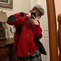 Top women loose cardigan new autumn and winter 2020 Korean knitted outer wear thick sweater Joker lazy wind Red