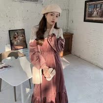 Female French vintage lace black Medium-length dress with long sleeves new dress velvet skirt autumn and winter 2020