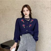 Pine wool sweater top coat round neck new 2020 explosive vintage embroidery wide long sleeve cardigan womens autumn and winter wear