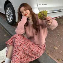 Side cardigan skirt 2020 sweater womens shirt Korean version set bottoming winter sweet V collar texture fungus floral flowers