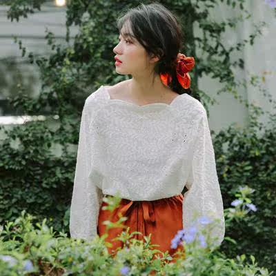 Conspicuthin Design Lace Sleeves Small Crowdlantern Hollowed-out Blouse Shirt Woman Long Sleeve 2020 Early Tyusen Embroidered Lace