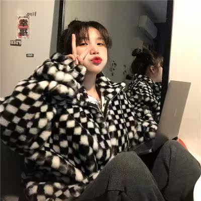 Autumn Winter 2020ins Plush Fried Street Thickened Plaid Lamb Wool Jacket Blouse Blouse Women's New Korean Version Loose 100 lap