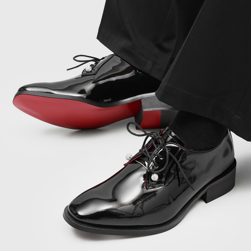 2026 New Men's Formal Patent Leather Claret Red Sole Lace-Up Low-Top Casual Leather Shoes Height-Increasing Groom Wedding Shoes Derby Shoes