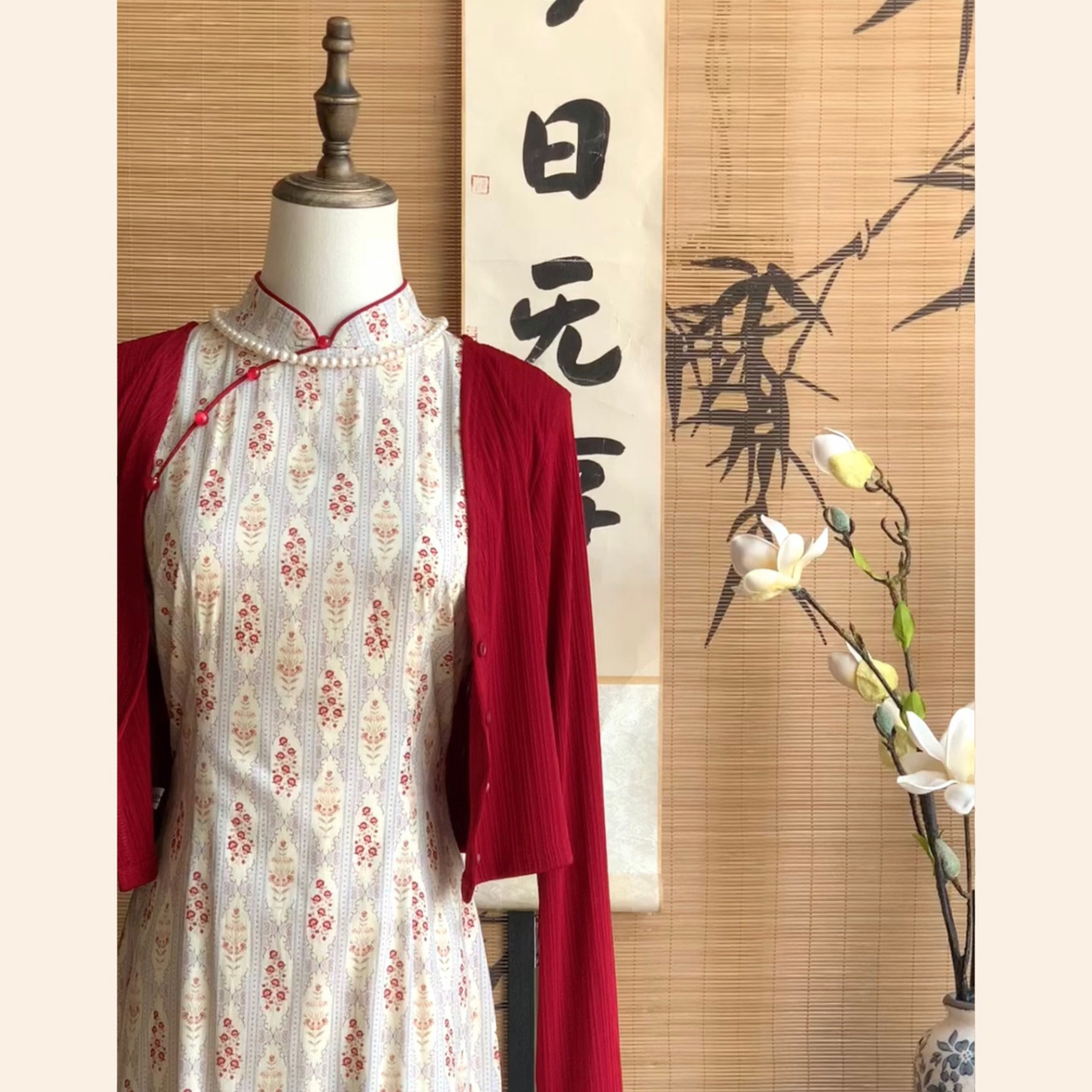 【ファーストムーン】新中国風改良チャイナドレス、普段使いのエレガンス、スリムウエスト、レトロプリント、ツーピースドレス