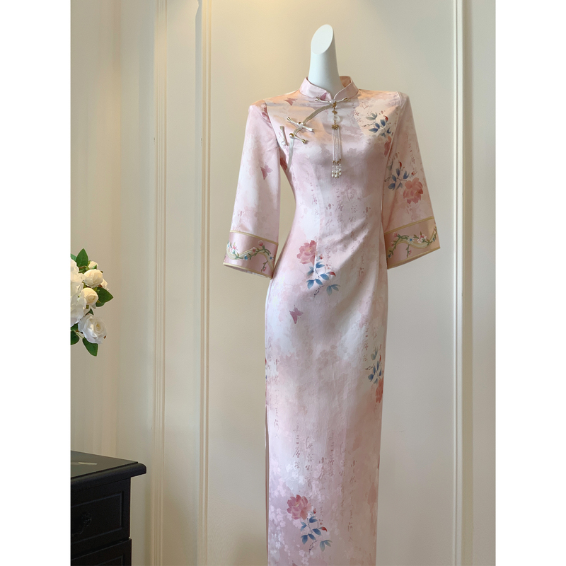 【Pink Zi Dai】Early Autumn New Chinese-Style Pink Improved Cheongsam with Large Sleeves, Waist-Cinching, Elegant National Style Long Dress