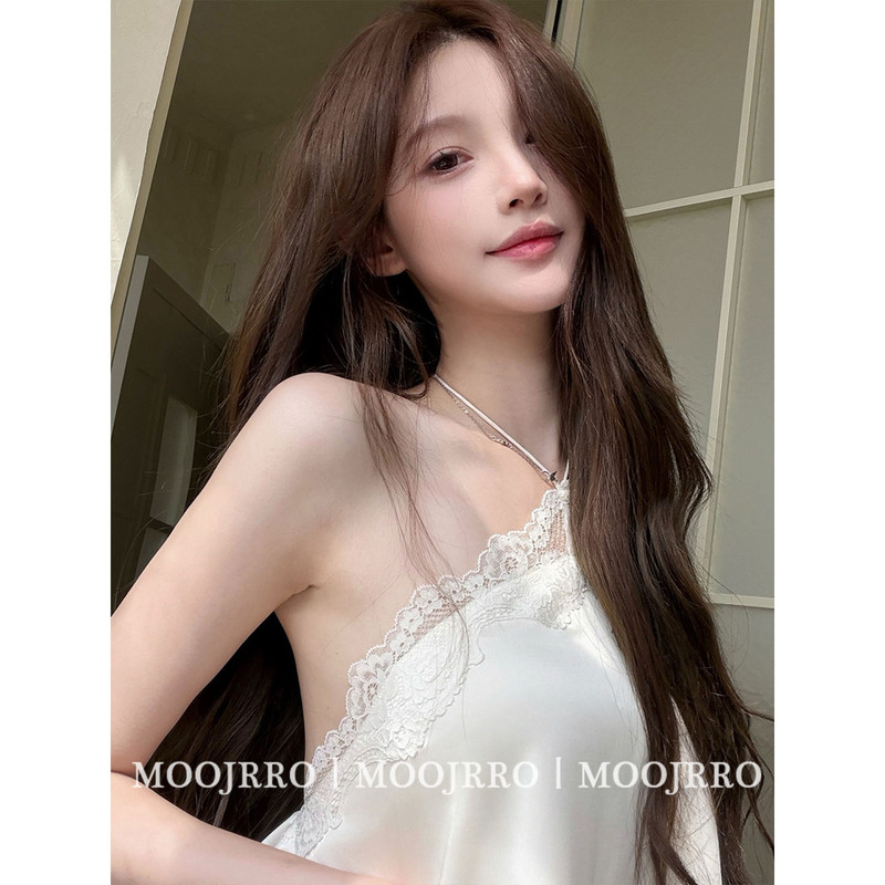 White Lace Satin Halter Neck Camisole for Women, Summer Outerwear, High-End, Stunning, Sexy, Backless French-Style Top