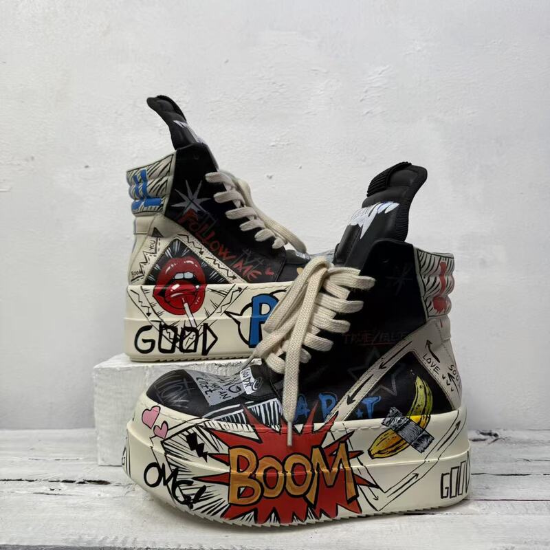 Pop Art American Street Graffiti Sports Niche Personality Original Men's and Women's New Autumn and Winter Leather High-Top Shoes