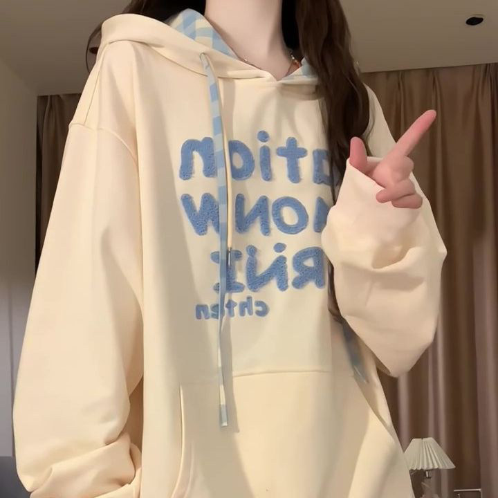 美式复古字母刺绣连帽卫衣女秋冬装新款宽松初中生慵懒风外套上衣
