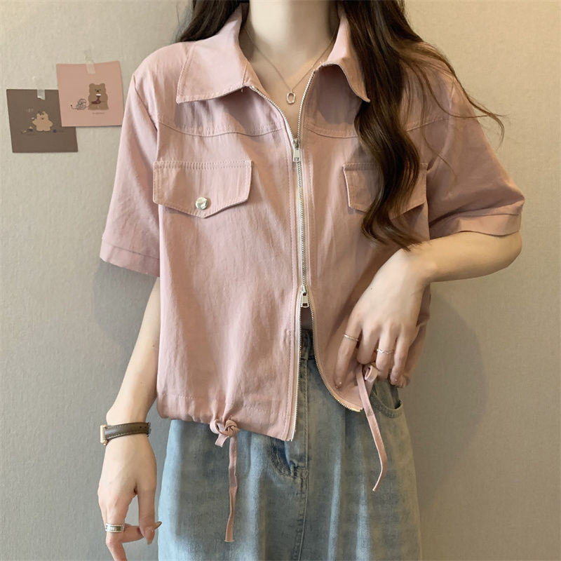 Student Short-Sleeved Workwear Top for Women, Summer New Style, Slimming Design, Double Zipper Polo Shirt, Trendy