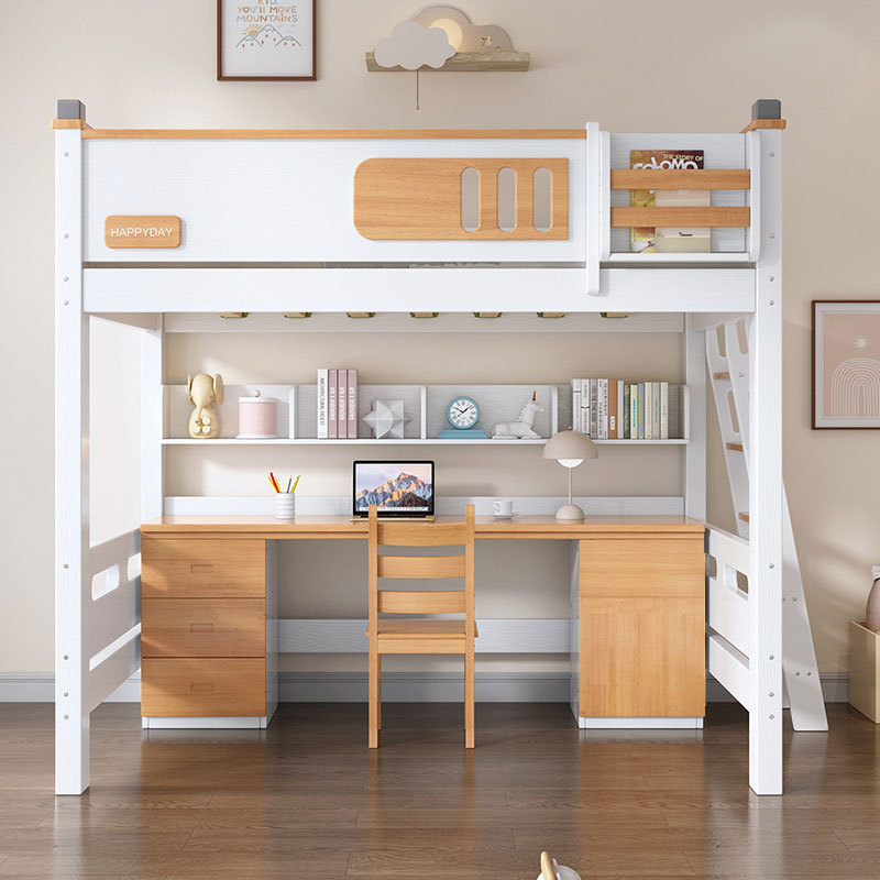 All-Solid Wood Bunk Bed with Desk Underneath, Multifunctional Bunk Bed Combination, High-Low Bed, Desk-Bed Combo, Parent-Child Bed, Loft Bed