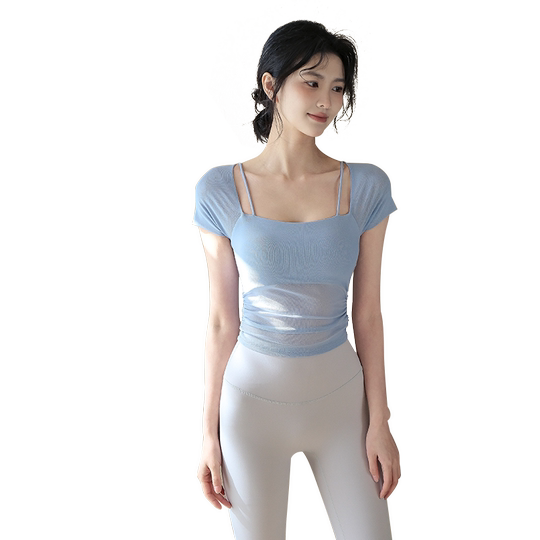 Ackdcs假两件瑜伽服短袖女夏季新款带胸垫普拉提上衣运动健身套装