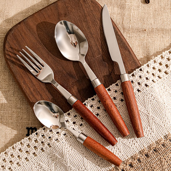 Socro spoon thickened 304 stainless steel household high-end wooden handle fruit eating spoon long handle fork drinking soup spoon