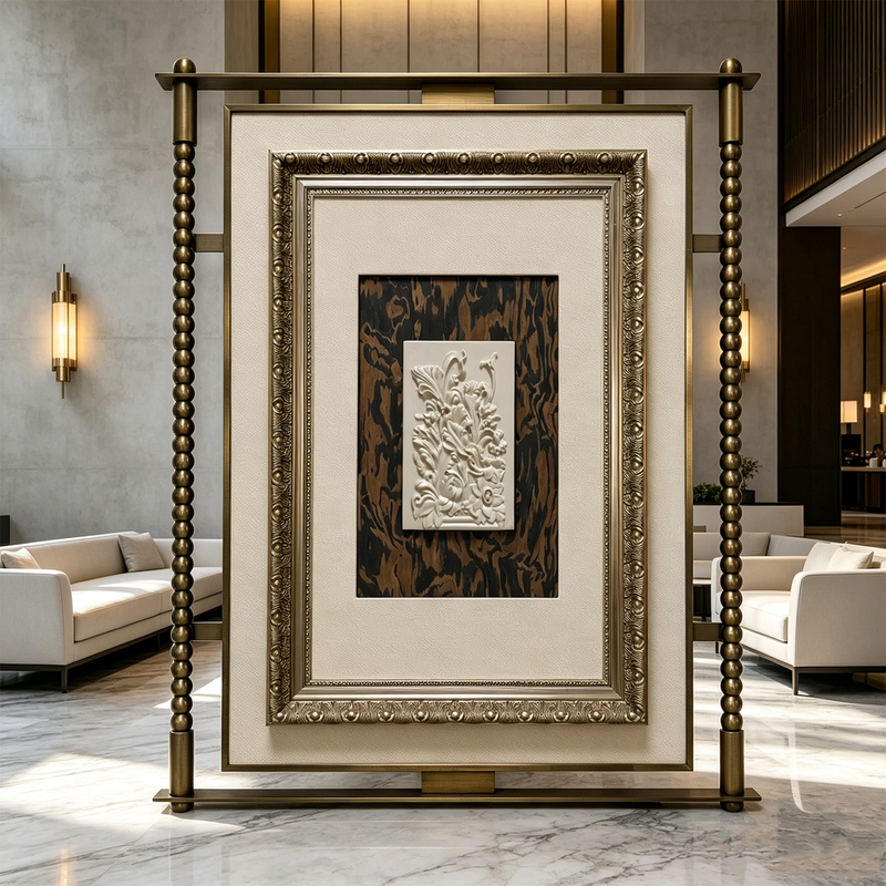 Modern Mid-Century Style Relief Decorative Painting for Hotel Model Rooms and Villas, Featuring Metal Rods and Vintage Wooden Frames, High-End Wall Art Modern Mid-Century Style Relief Decorative Painting for Hotel Model Rooms and Villas, Featuring Metal Rods and Vintage Wooden Frames, High-End Wall Art